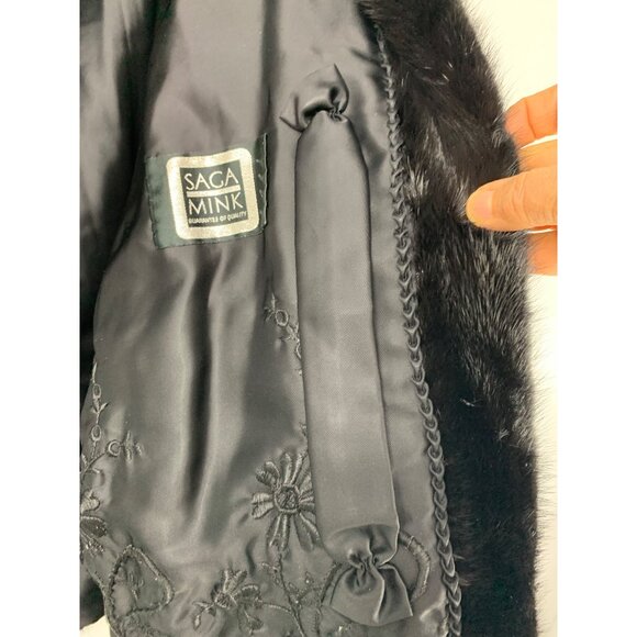 Vintage 80s Genuine Saga Mink Fur Coat M/L Black 3/4 Batwing Sleeve - Picture 15 of 16